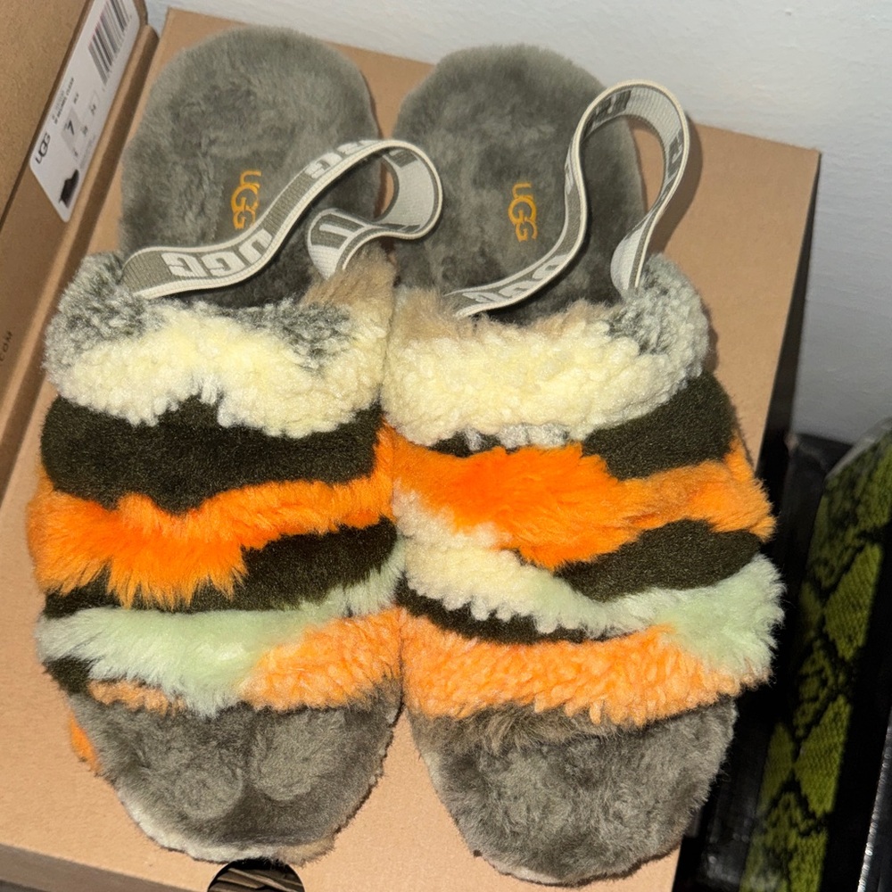 UGG Multicolor Fuzzy Slippers with Strap